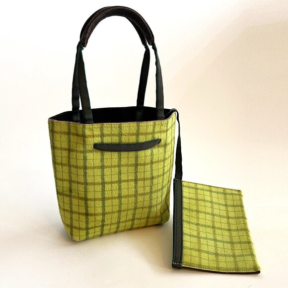 MIU MIU Green Plaid Pony Hair Leather Mini Tote Bag with Coin Card Holder - Picture 3 of 15